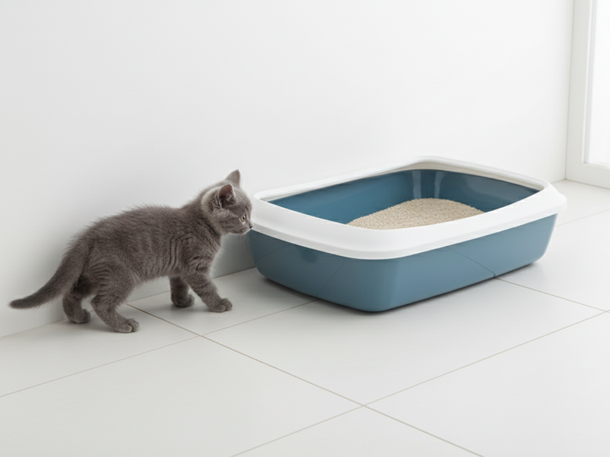 Brown kitten in front of Savic Iriz 50 cm Bluestone cat litter tray with white rim and paw-patterned edge filled with litter in corner of kitchen