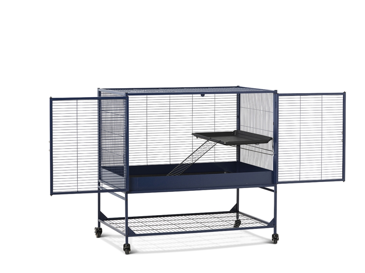 Doors open  Savic Royal Suite 100 Single Unit small animal cage in navy blue – expandable metal cage with platform and ladder.