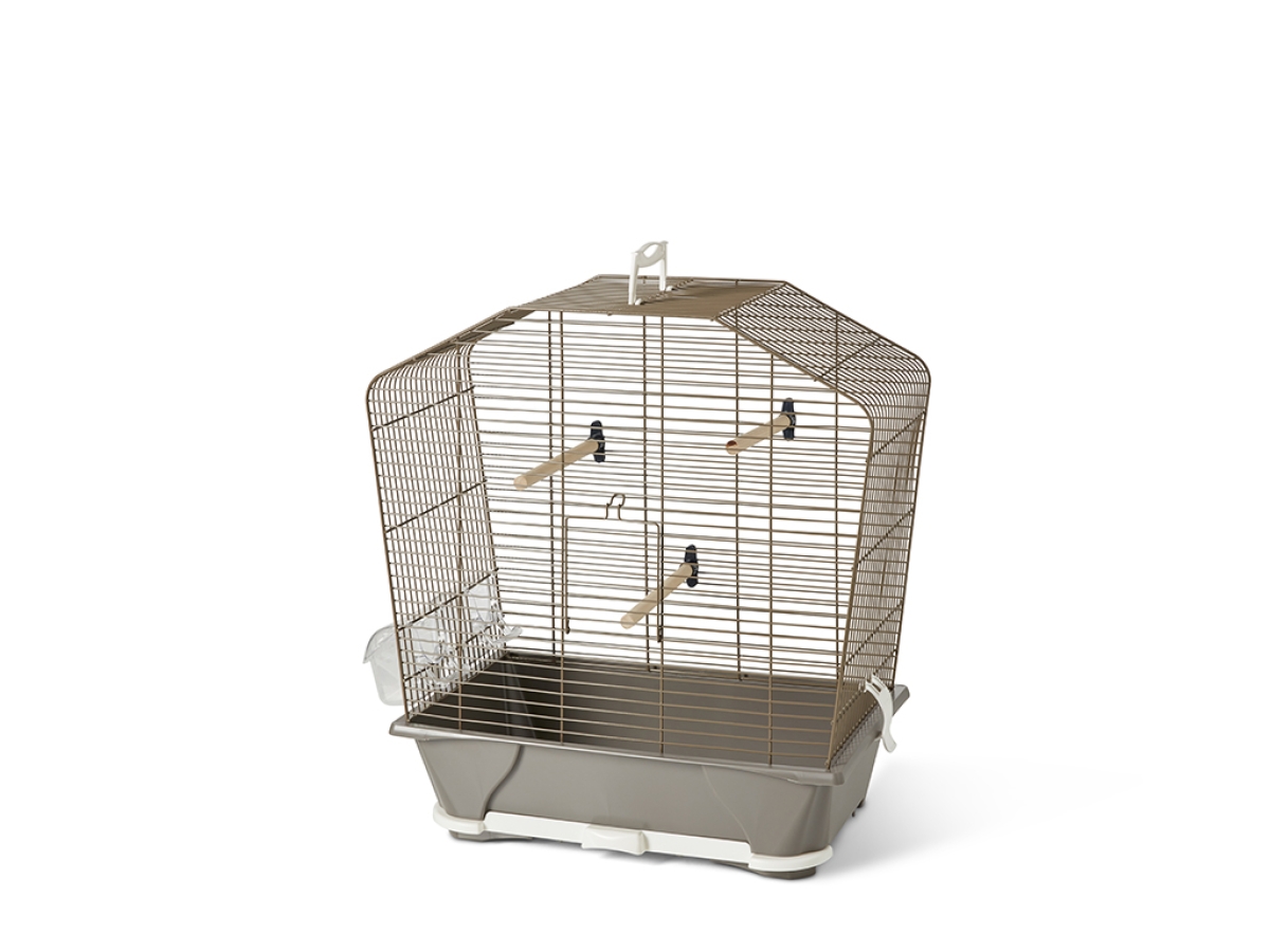 Savic Camille 30 bird cage in Warm Grey – small cage with perches, feeders, and removable drawer.