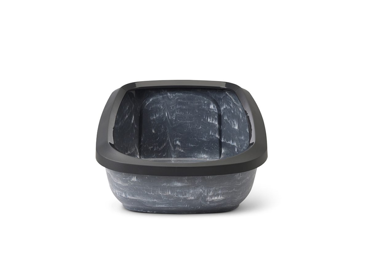 Aseo Jumbo Marble Anthracite White – Stylish Cat Litter Tray Front view ofSavic Aseo Jumbo Marble Anthracite White stylish cat litter tray with high back, low entry, and removable rim
