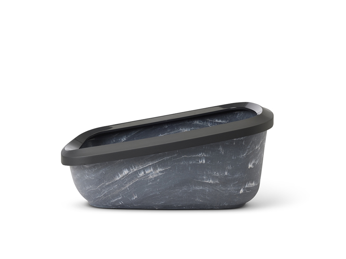 Aseo Jumbo Marble Anthracite White – Stylish Cat Litter Tray Side view of Savic Aseo Jumbo Marble Anthracite White stylish cat litter tray with high back, low entry, and removable rim