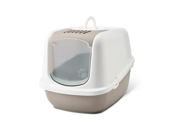 Savic Nestor Jumbo Warm Grey large hooded cat litter box 66.5 x 48.5 x 46.5 cm folding front swing door white hood warm grey tray.