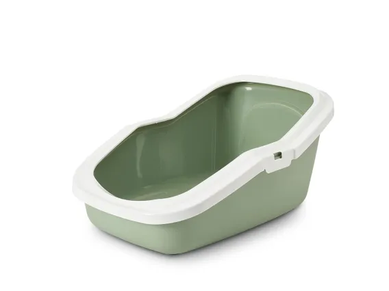 Savic Aseo open cat litter tray in botanical green with white rim. High back wall and low front entry. 56 x 39 x 27.5 cm