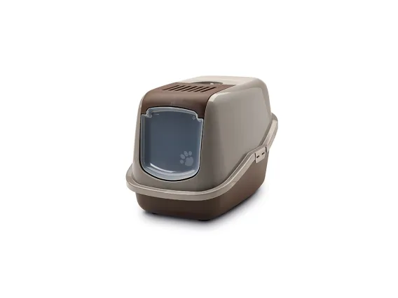 Nestor litter box with brown base and warm grey hood, featuring a foldable front, high back, and odour control features.
