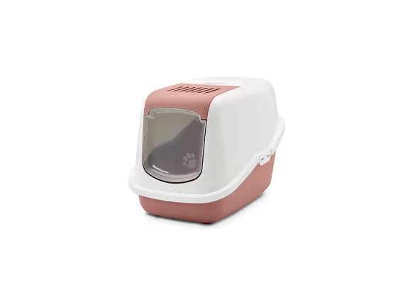 Nestor litter box with ash rose base and white hood, featuring a foldable front, high back, and odour control for a clean home.