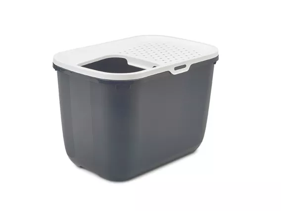 Anthracite and white Hop In top-entry litter tray with raised sides, a perforated lid to reduce litter tracking, and a spacious opening for easy access.