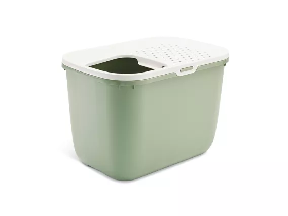 Botanical green and white Hop In top-entry litter tray with raised sides, a perforated lid to reduce litter tracking, and a spacious top opening for easy access.