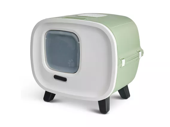 Mira de Luxe cat litter box in botanical green with a leather-look finish, high carbon filter odour control, non-slip feet, and a fully opening front panel for effortless cleaning.