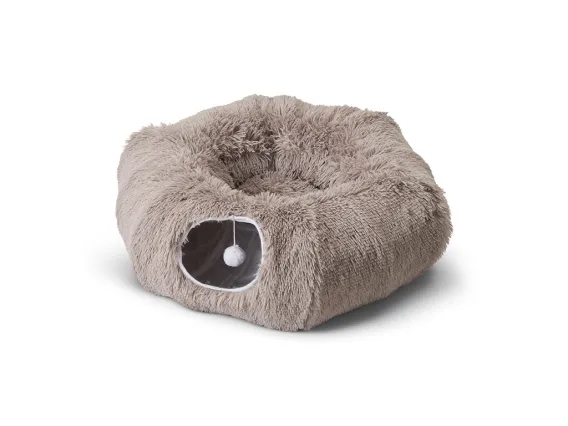 Savic Snuggle Tunnel Warm Grey, shown in donut shape with cushion and two entrances