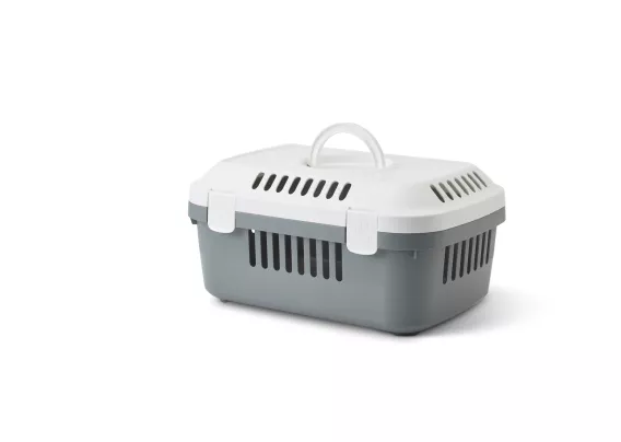 Discovery Compact pet carrier in cool grey & white, featuring a top-opening design, superior ventilation, and lightweight durability for small pets up to 5 kg.