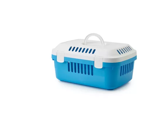 Discovery Compact pet carrier in blue & white, featuring a top-opening design, superior ventilation, and lightweight durability for small pets up to 5 kg.