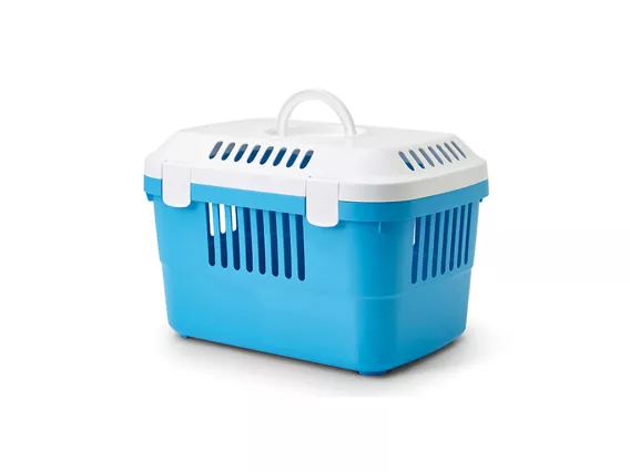 Discovery 1 Pet Carrier in blue & white – Secure top-opening carrier for small pets, featuring enhanced ventilation and lightweight durability for easy transport.