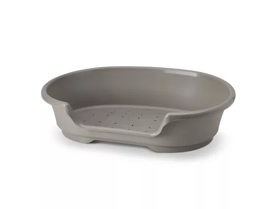 Cosy 78 cm plastic dog bed in warm grey – sturdy, ventilated, and easy-to-clean resting space for dogs of all ages.