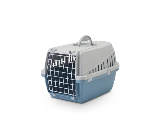 Savic Trotter 1 pet carrier in light grey / blue, coated wire door, for cats and small dogs up to 5 kg, 49 × 33 × 30 cm.
