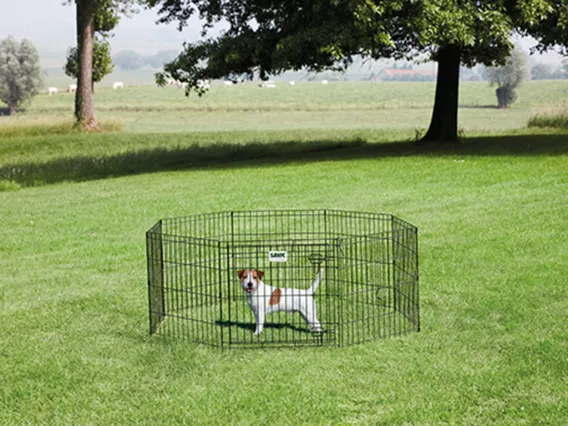 Dog Park 1 puppy and dog playpen – secure, expandable, and finished with durable black e-coating for indoor and outdoor use.