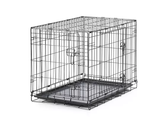 Dog Cottage 76 cm metal wire dog crate – collapsible, front and side door access, black e-coating finish, and secure containment for training and travel.