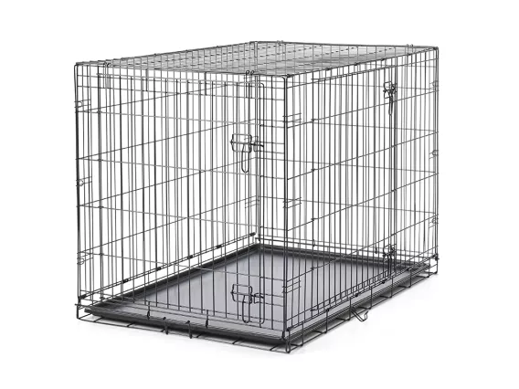 Dog Cottage 107 cm metal wire dog crate – collapsible, front and side door access, black e-coating finish, and secure containment for training and travel.