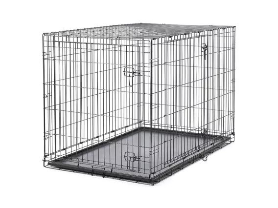 Dog Cottage 118 cm metal wire dog crate – collapsible, front and side door access, black e-coating finish, and secure containment for training and travel.