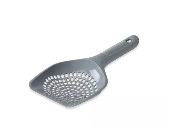 Micro litter scoop with precision holes, designed for fine clumping litter, featuring a modern shape and durable plastic construction.
