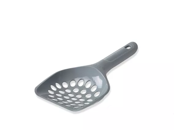 Macro litter scoop with precision holes, designed for coarse clumping litter, featuring a modern shape and ergonomic handle.