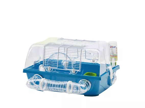 Spelos Metro small animal cage with plastic top, play tunnels, exercise wheel, and metal ventilation doors.