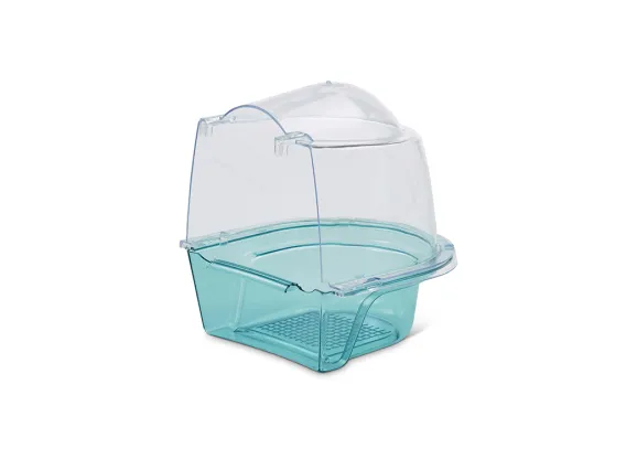Splash bird bath with transparent top, durable plastic design, and cage attachment feature.