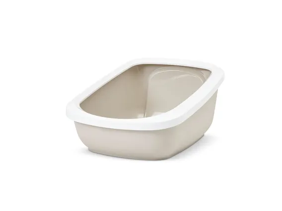 Aseo Jumbo litter tray in mocha with a white rim, featuring a high back, raised sides, and a low entry for easy access.