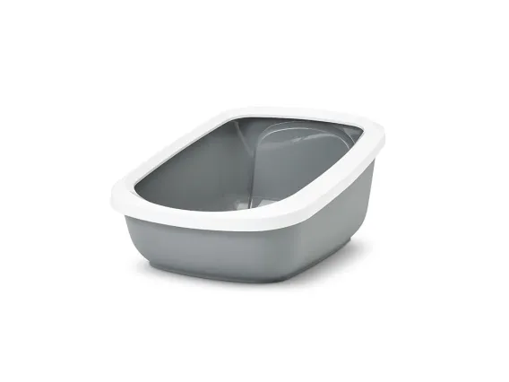 Aseo Jumbo litter tray in cool grey with a white rim, featuring a high back, raised sides, and a low entry for easy access.