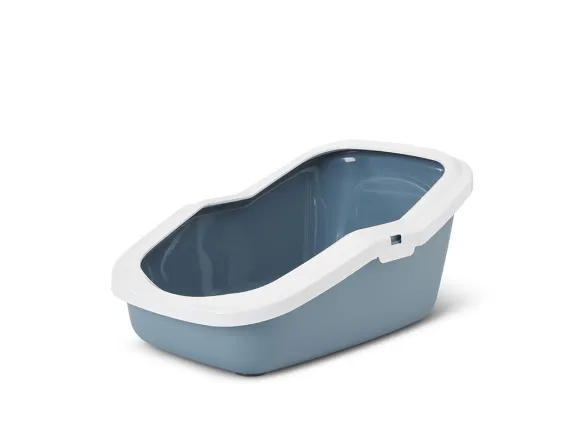 Aseo litter tray with bluestone base and white rim, high back, and low entry for easy access and litter containment.