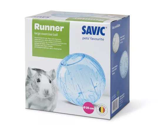 Runner Large exercise ball with 25 cm diameter, transparent design, and non-toxic construction for rats and small animals.
